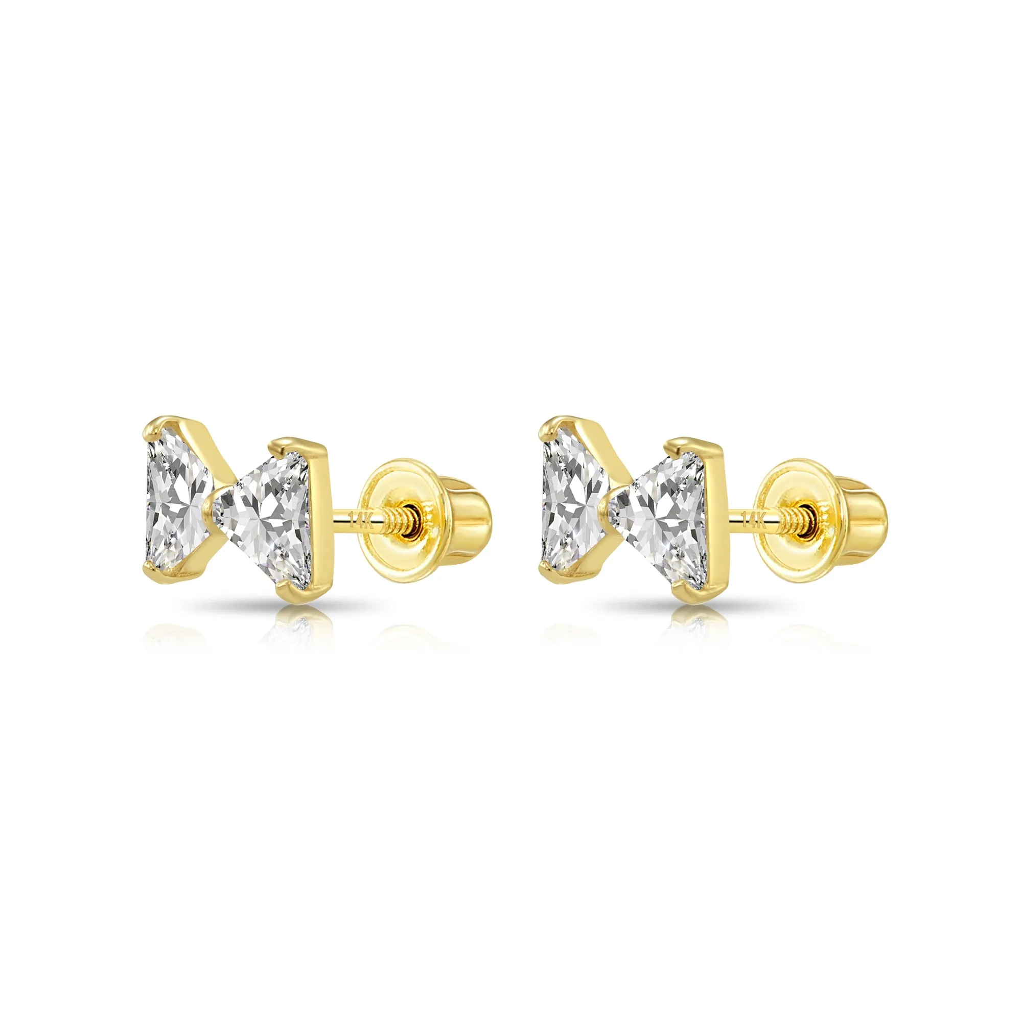 14k Yellow Gold Bow-Tie with Triangle CZ Stud Earrings with Screwbacks