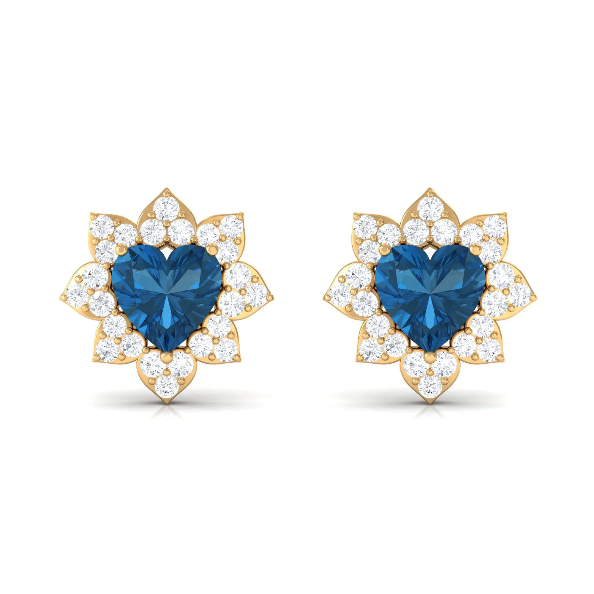 1.50 CT Heart Shape London Blue Topaz and Diamond Halo Stud Earrings