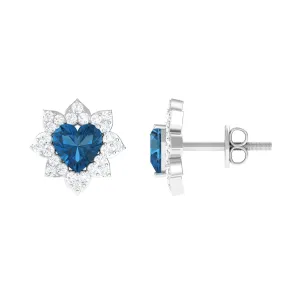 1.50 CT Heart Shape London Blue Topaz and Diamond Halo Stud Earrings