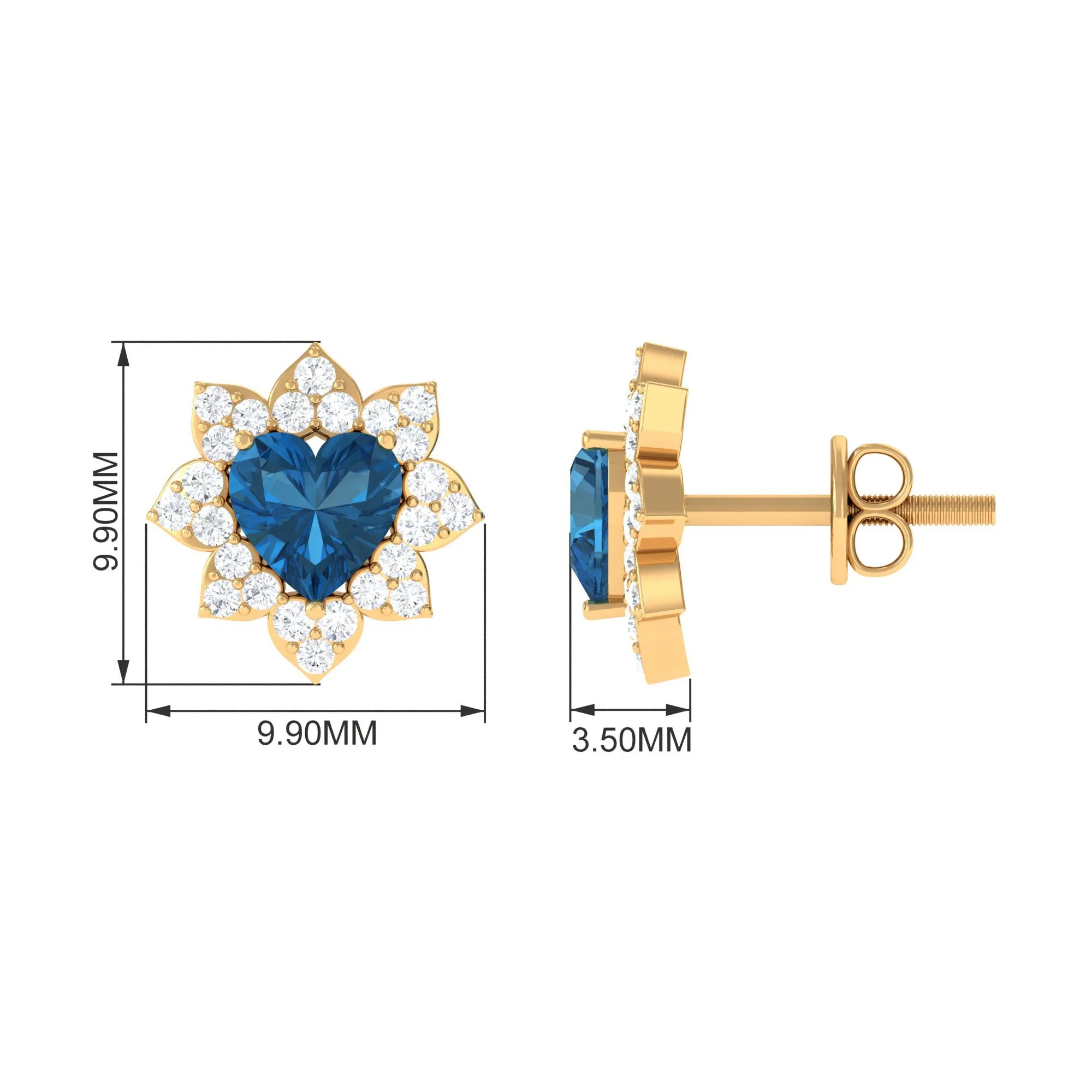 1.50 CT Heart Shape London Blue Topaz and Diamond Halo Stud Earrings
