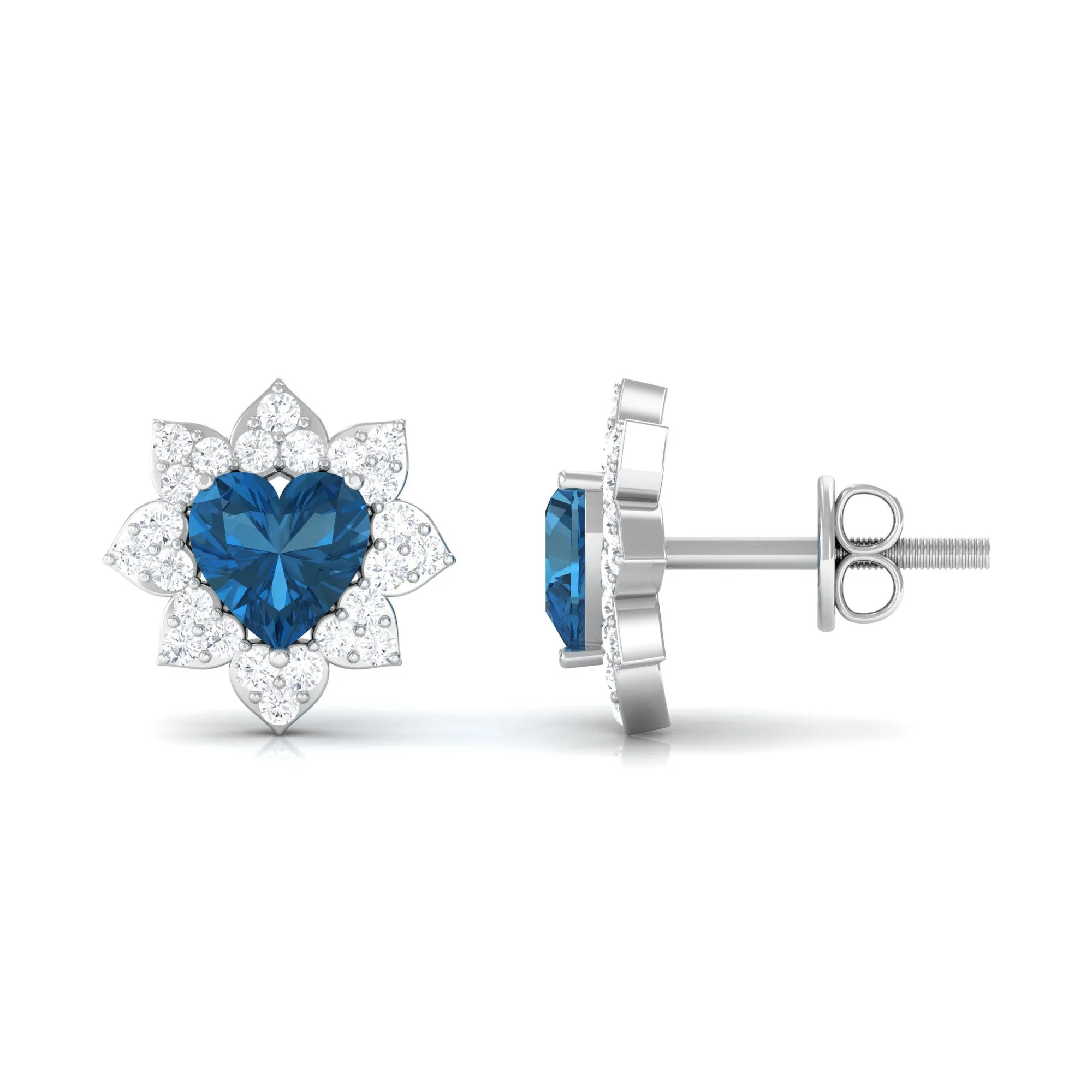 1.50 CT Heart Shape London Blue Topaz and Diamond Halo Stud Earrings