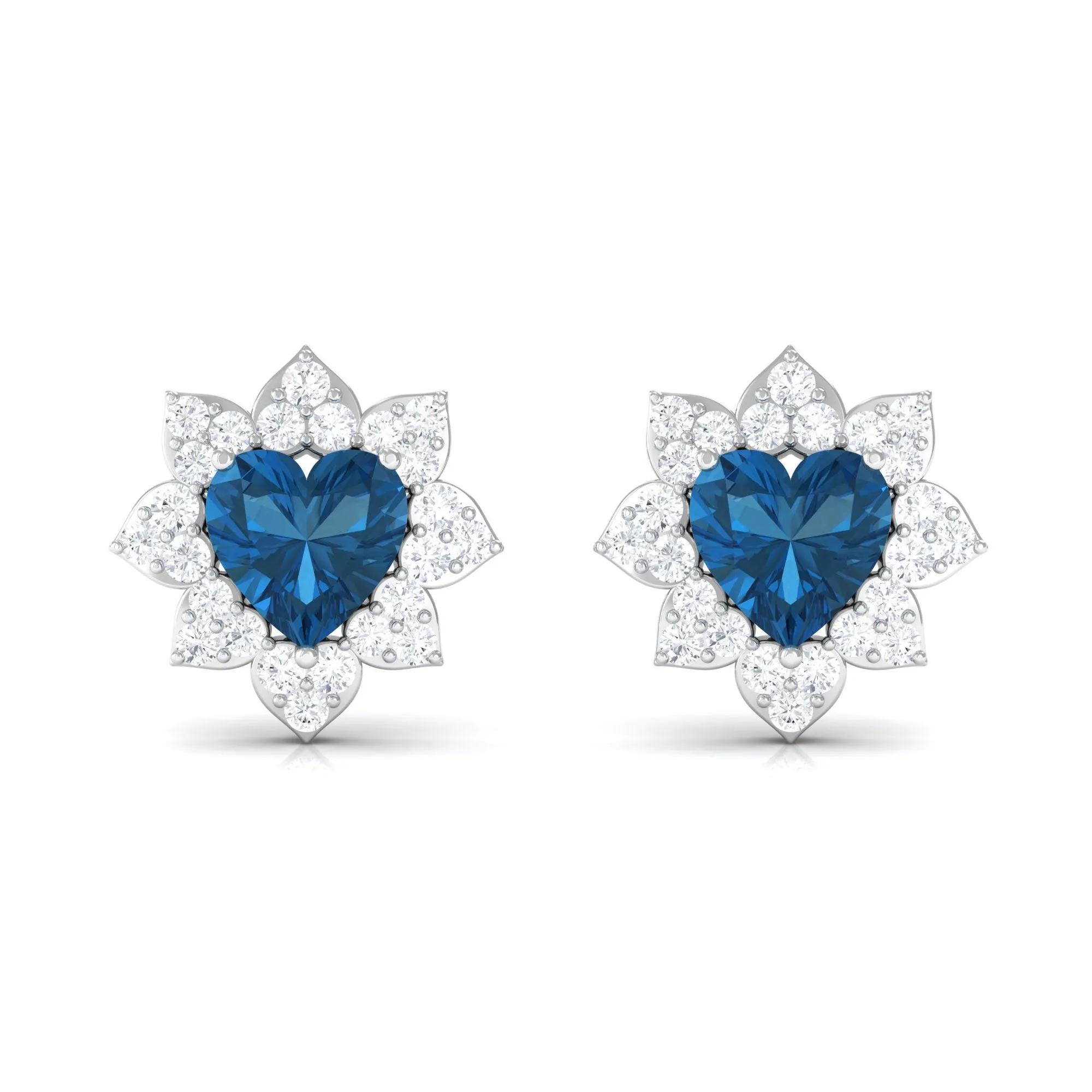 1.50 CT Heart Shape London Blue Topaz and Diamond Halo Stud Earrings