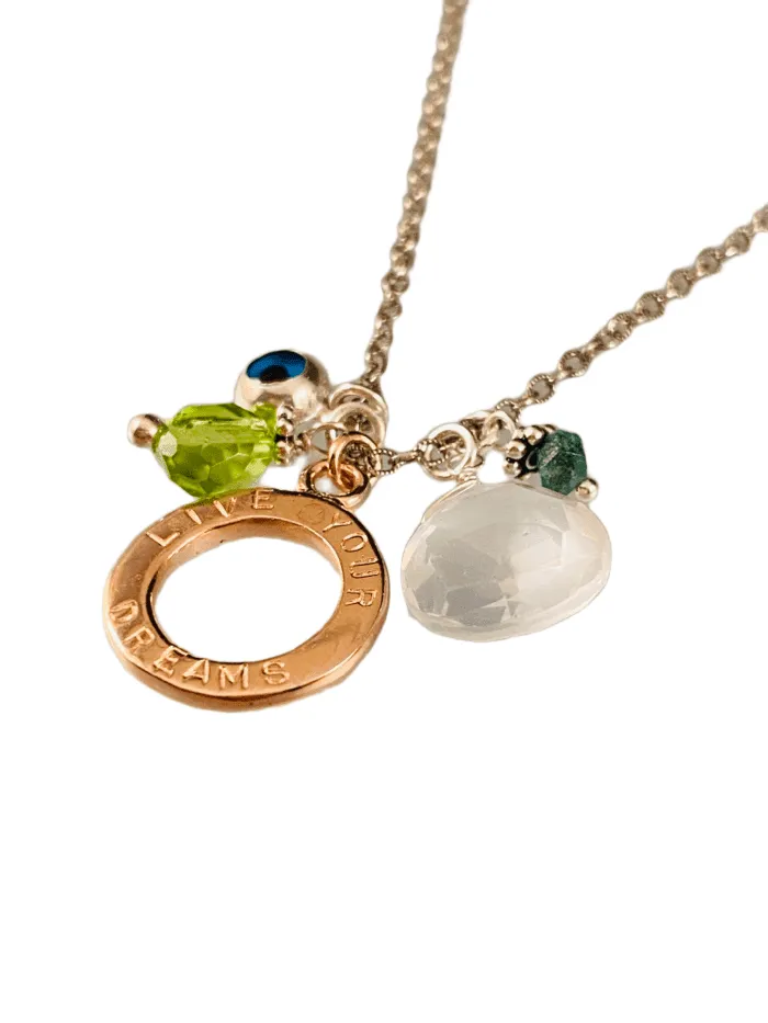 16” Rose Gold Live Your Dreams Gemstone Charm Necklace