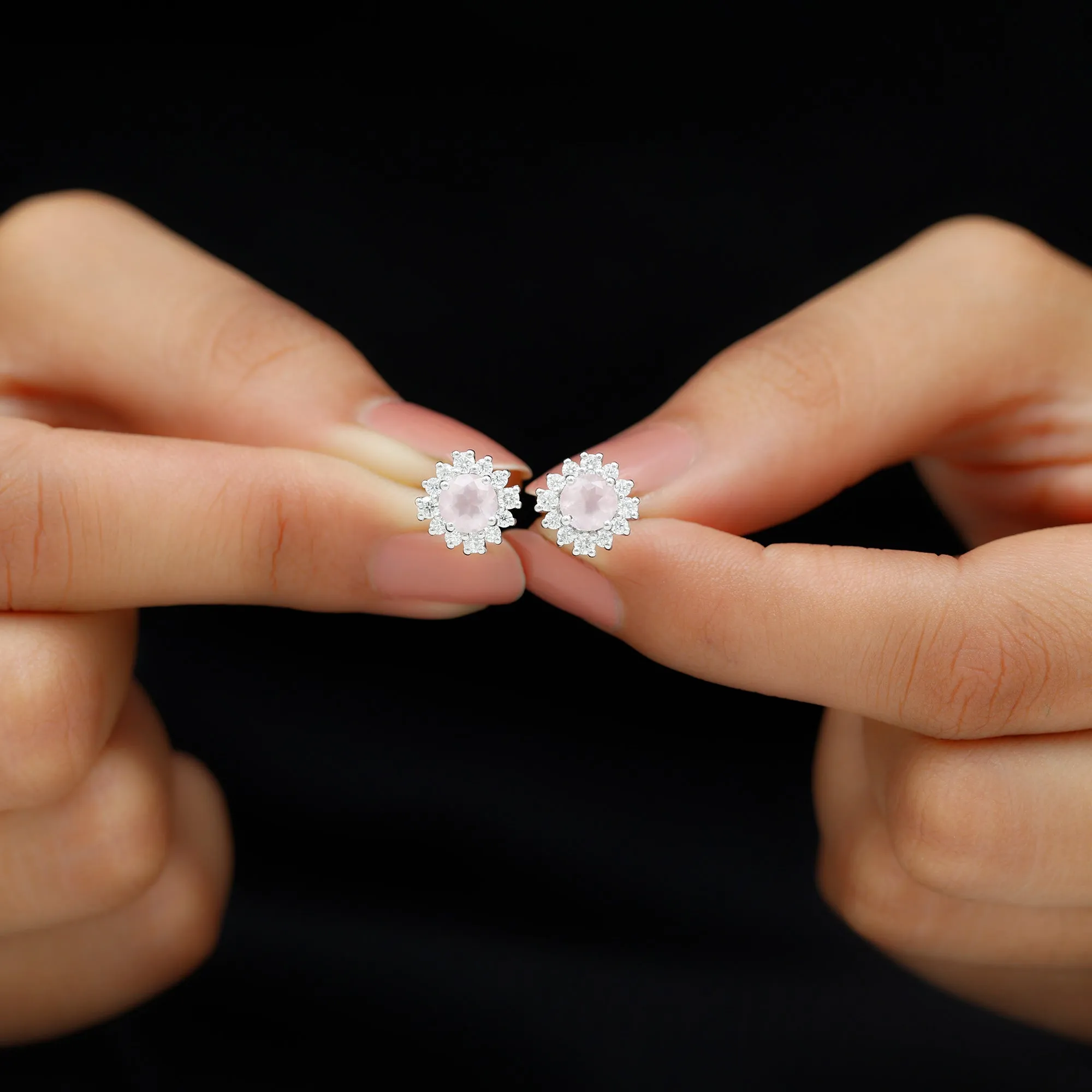 1.75 CT Rose Quartz and Diamond Classic Halo Stud Earrings