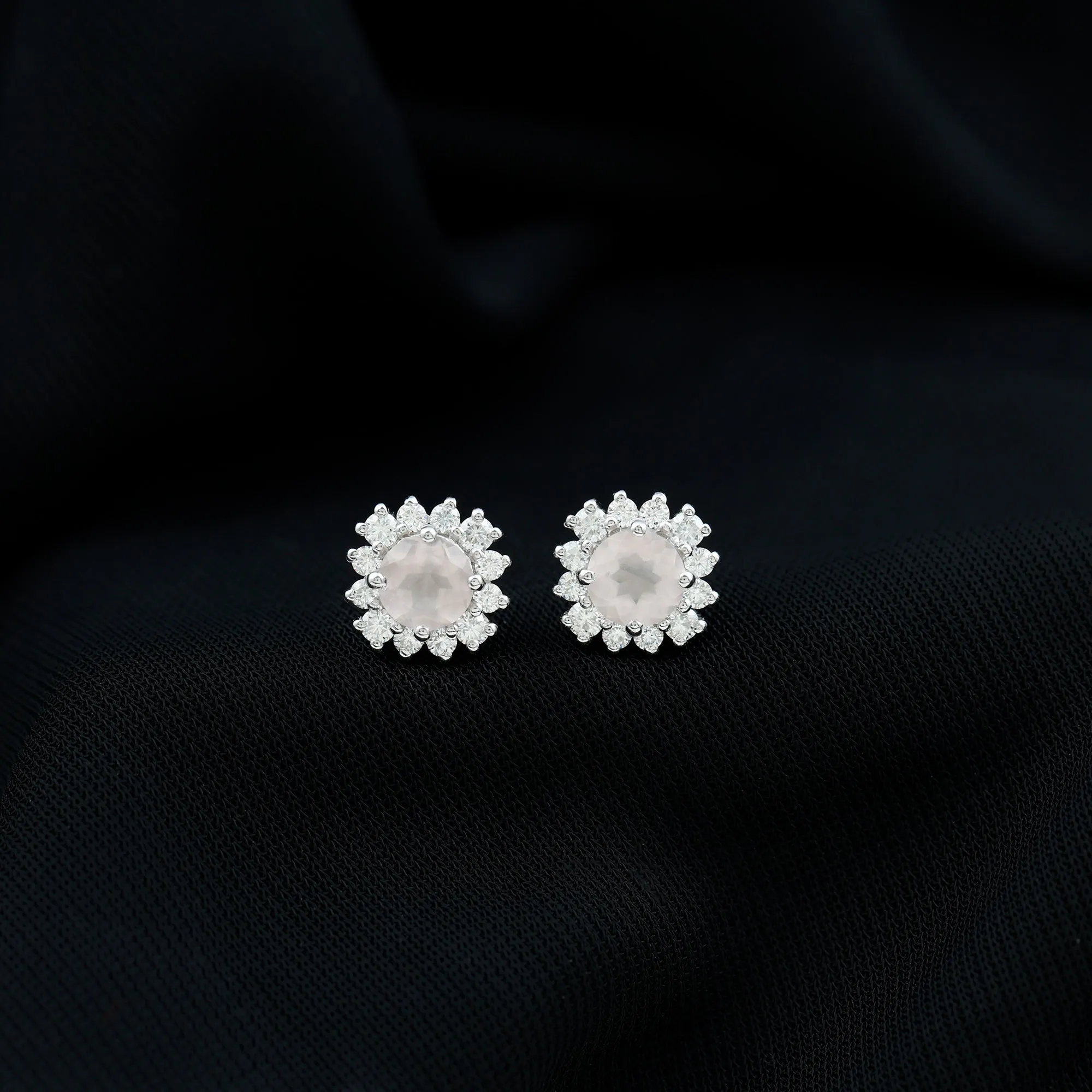 1.75 CT Rose Quartz and Diamond Classic Halo Stud Earrings