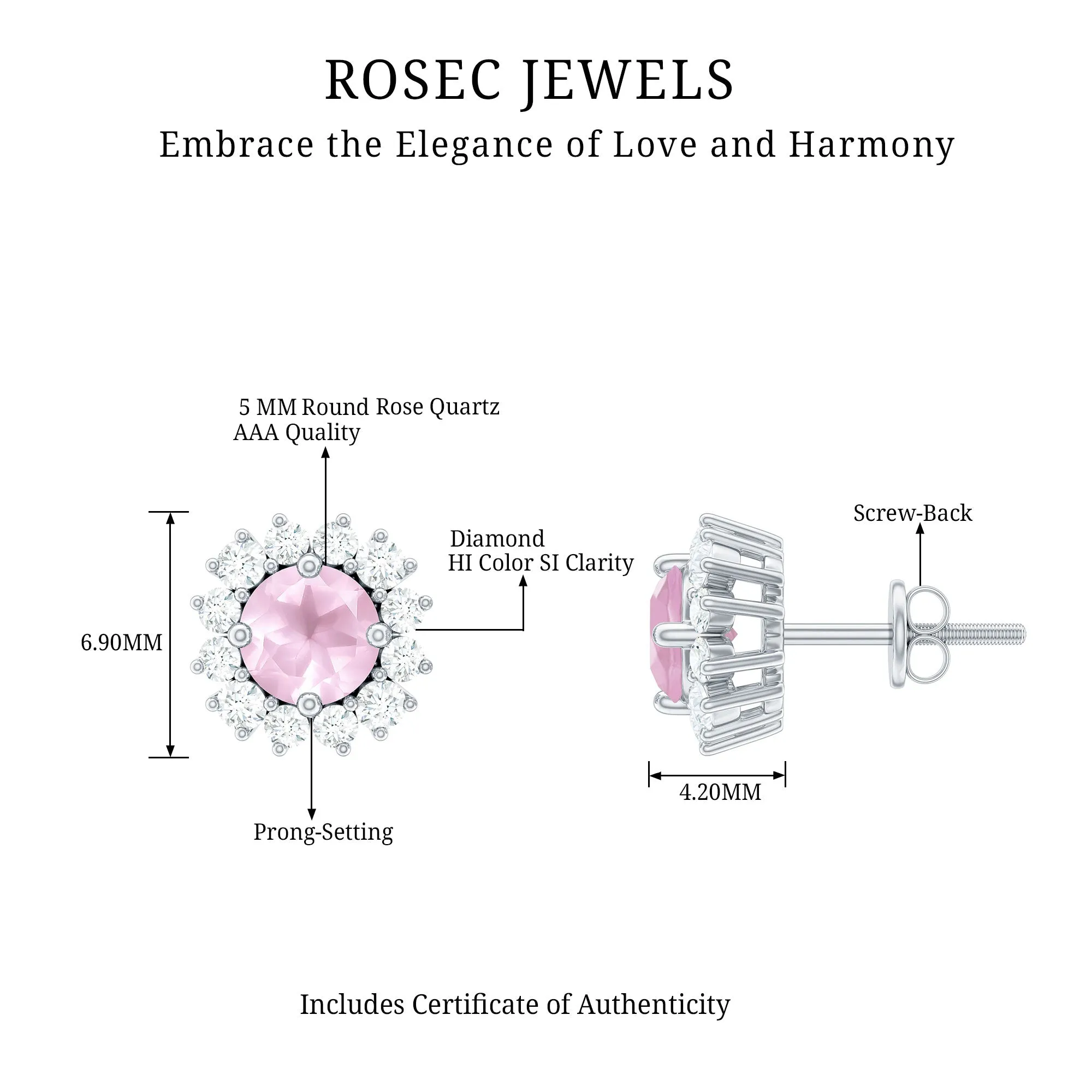 1.75 CT Rose Quartz and Diamond Classic Halo Stud Earrings