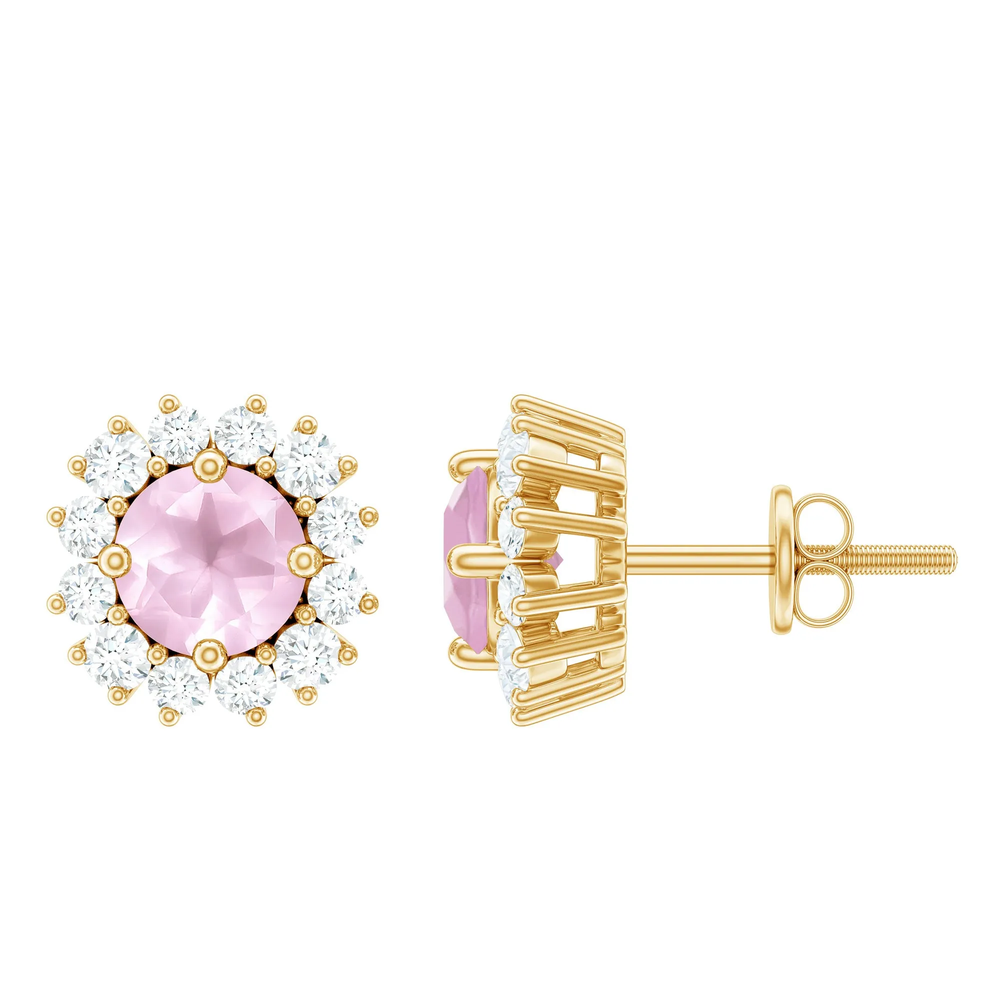 1.75 CT Rose Quartz and Diamond Classic Halo Stud Earrings