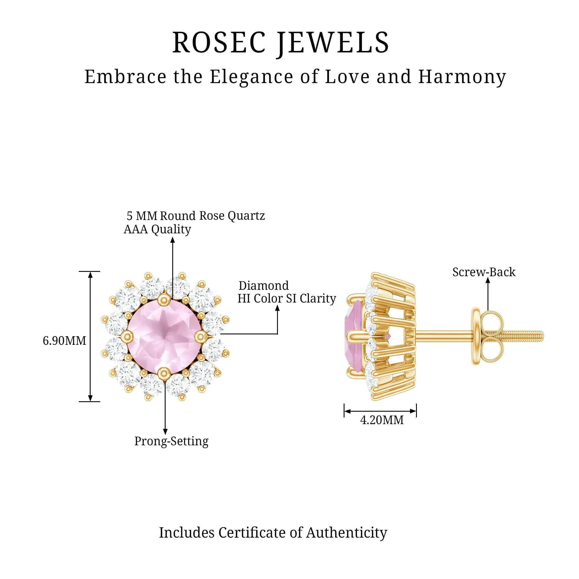 1.75 CT Rose Quartz and Diamond Classic Halo Stud Earrings