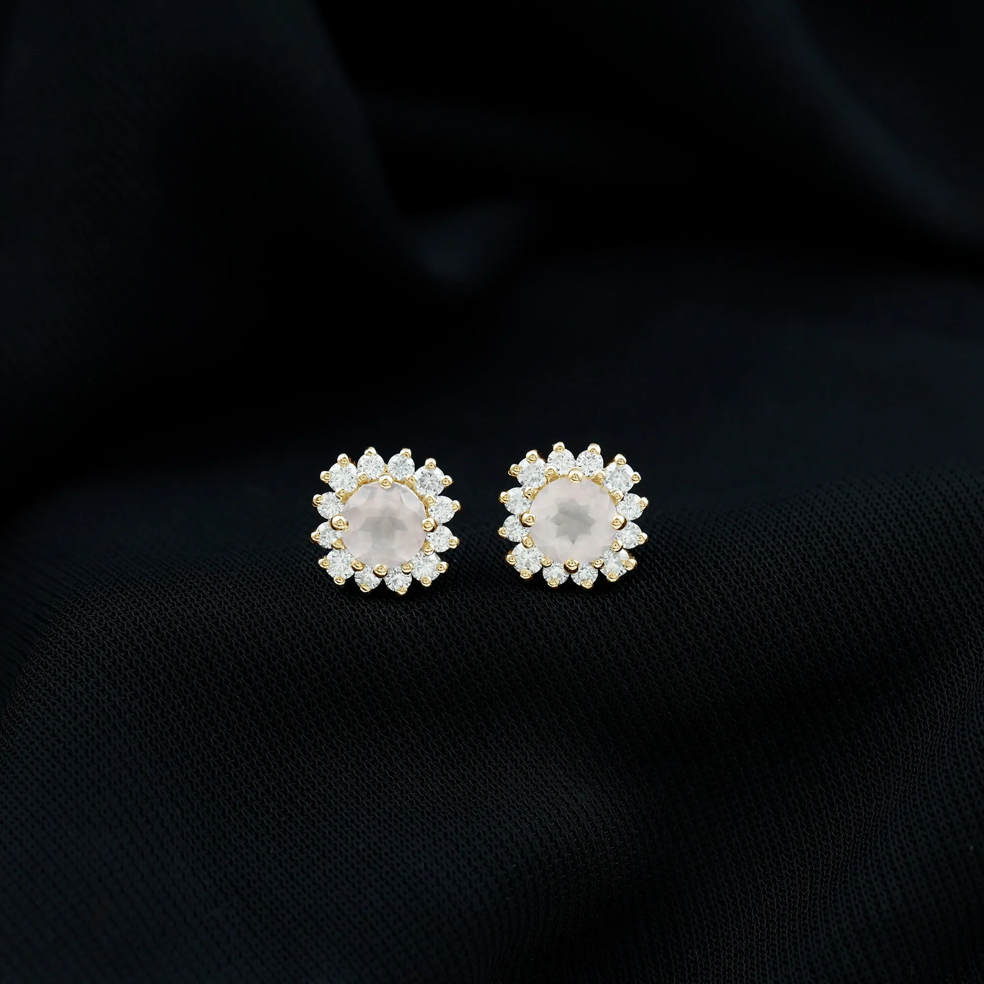 1.75 CT Rose Quartz and Diamond Classic Halo Stud Earrings