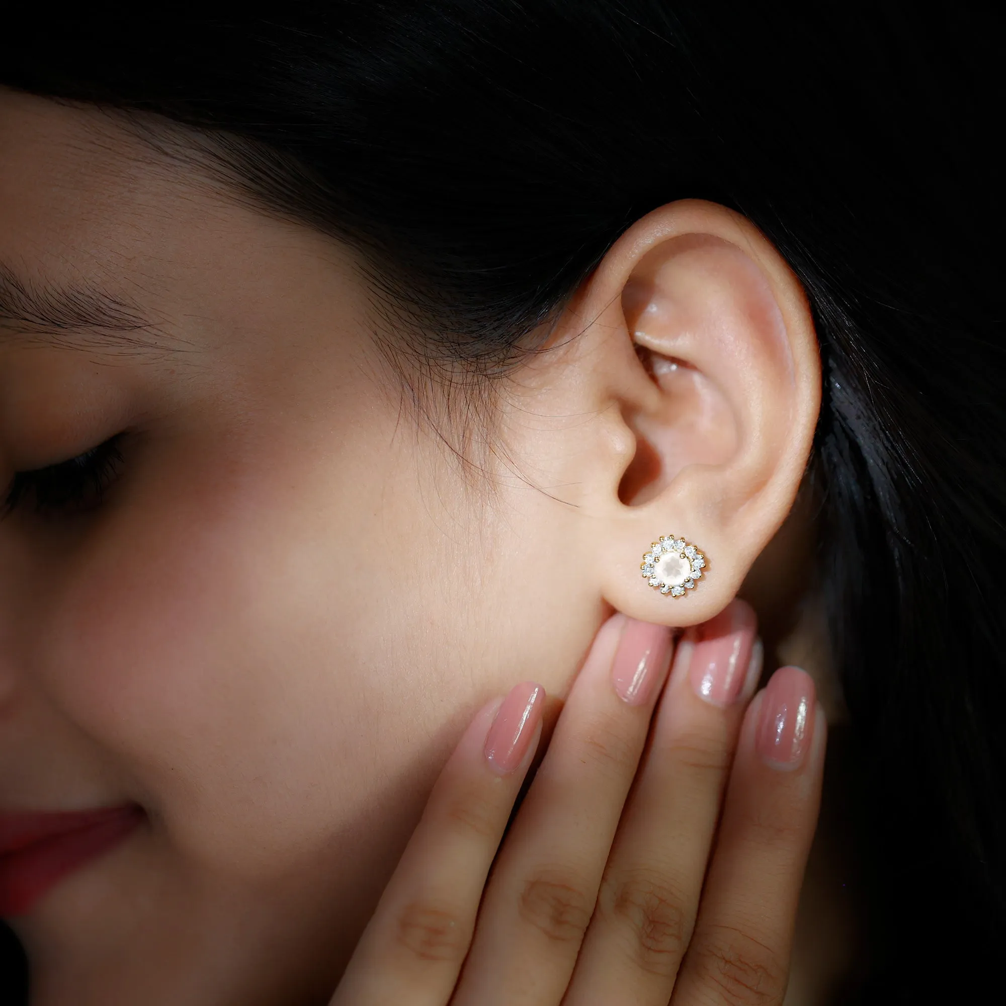 1.75 CT Rose Quartz and Diamond Classic Halo Stud Earrings