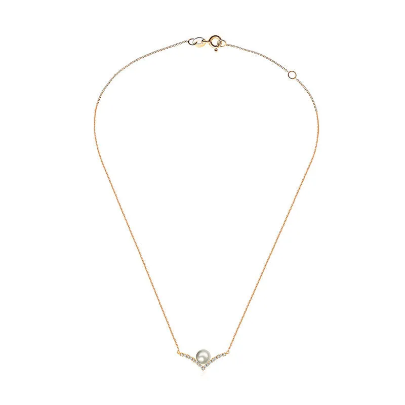 18k Gold Double Curve Diamond Necklace With Pearl