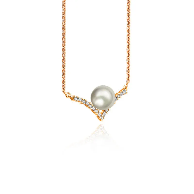 18k Gold Double Curve Diamond Necklace With Pearl
