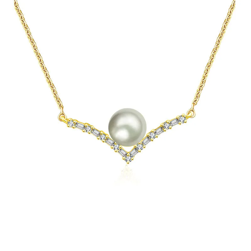 18k Gold Double Curve Diamond Necklace With Pearl
