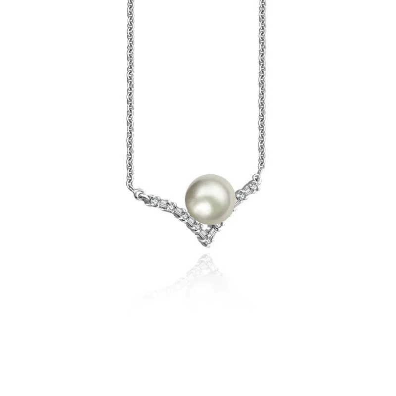18k Gold Double Curve Diamond Necklace With Pearl