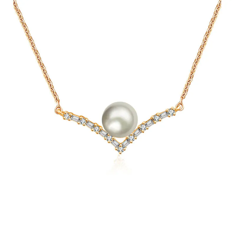 18k Gold Double Curve Diamond Necklace With Pearl