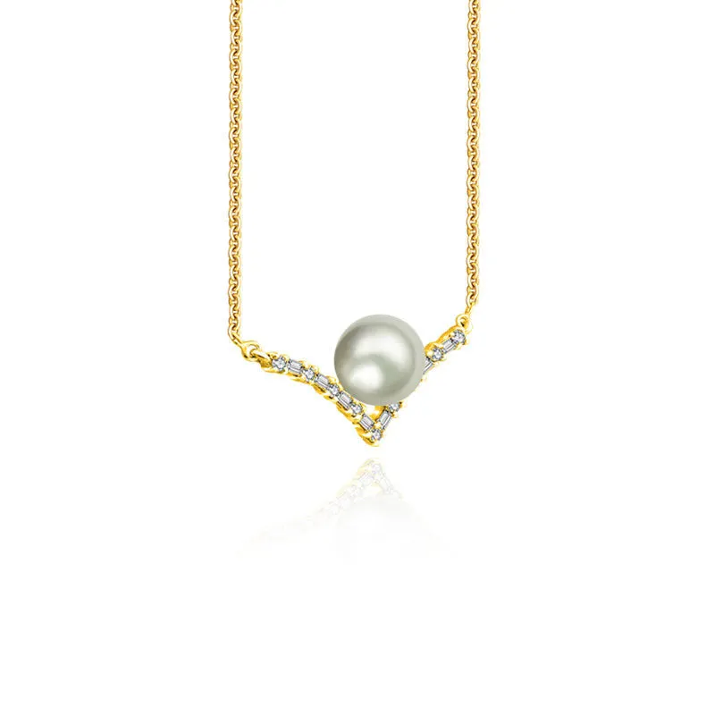 18k Gold Double Curve Diamond Necklace With Pearl
