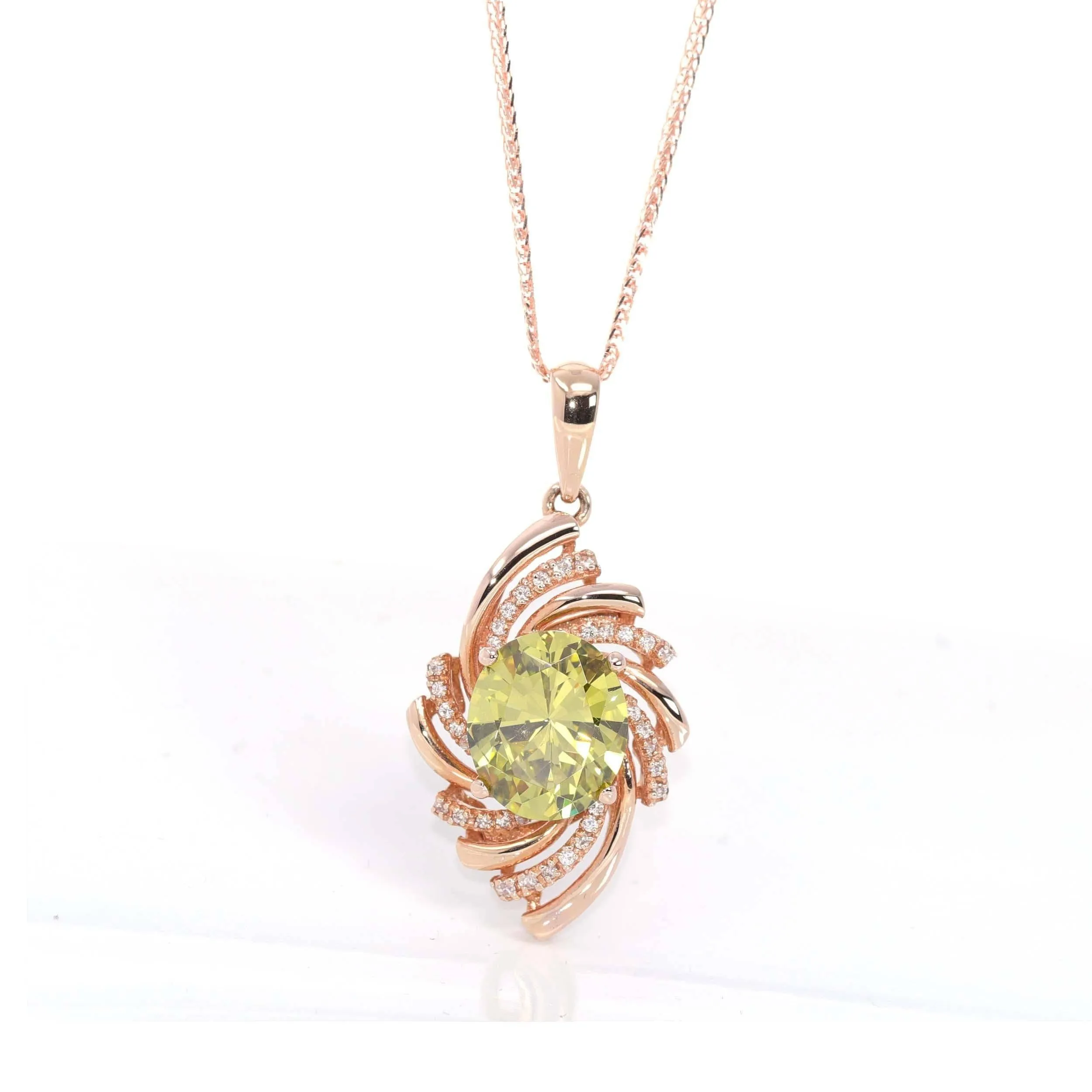 18k Rose Gold Genuine AAA Royal Peridot Pendant Necklace With CZ