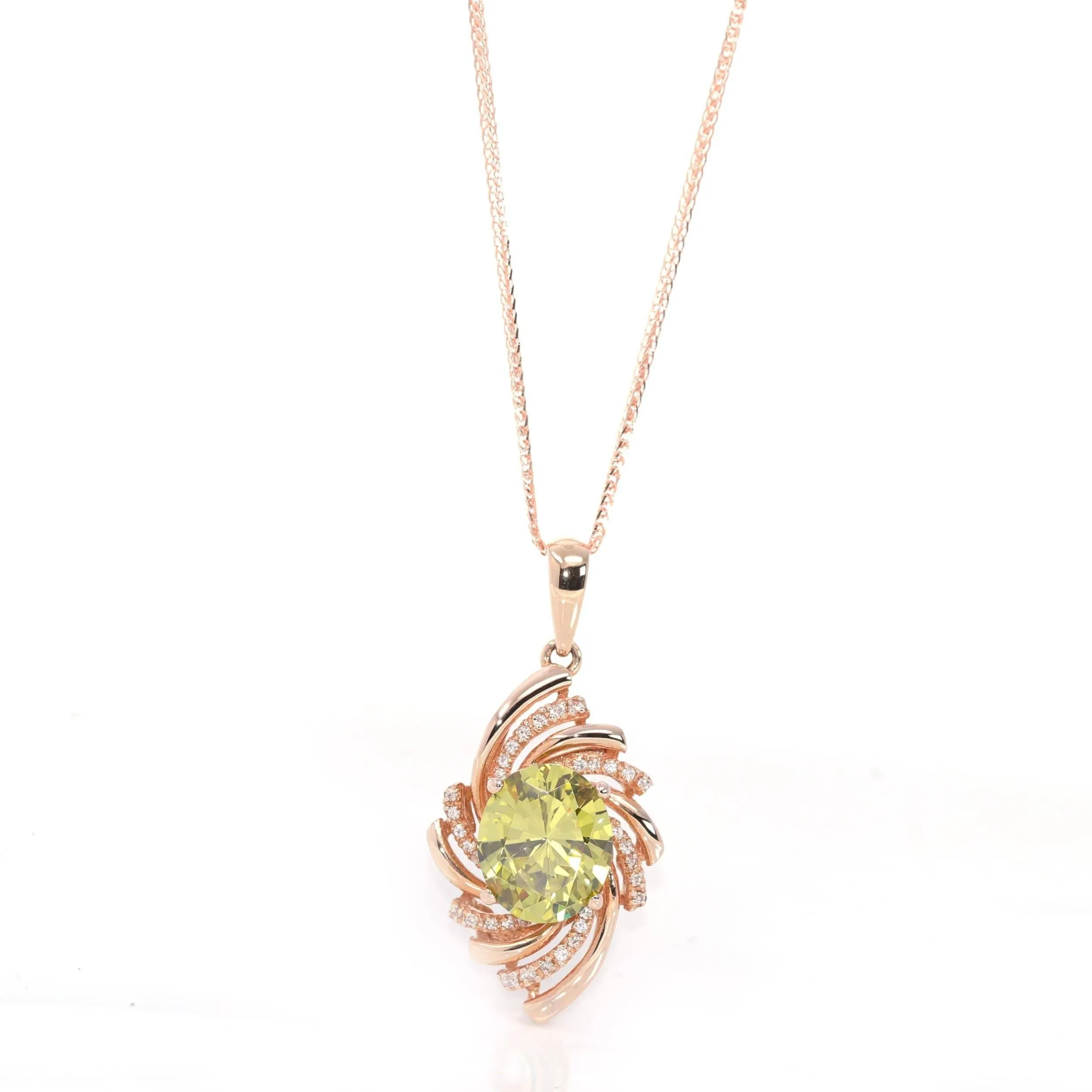 18k Rose Gold Genuine AAA Royal Peridot Pendant Necklace With CZ