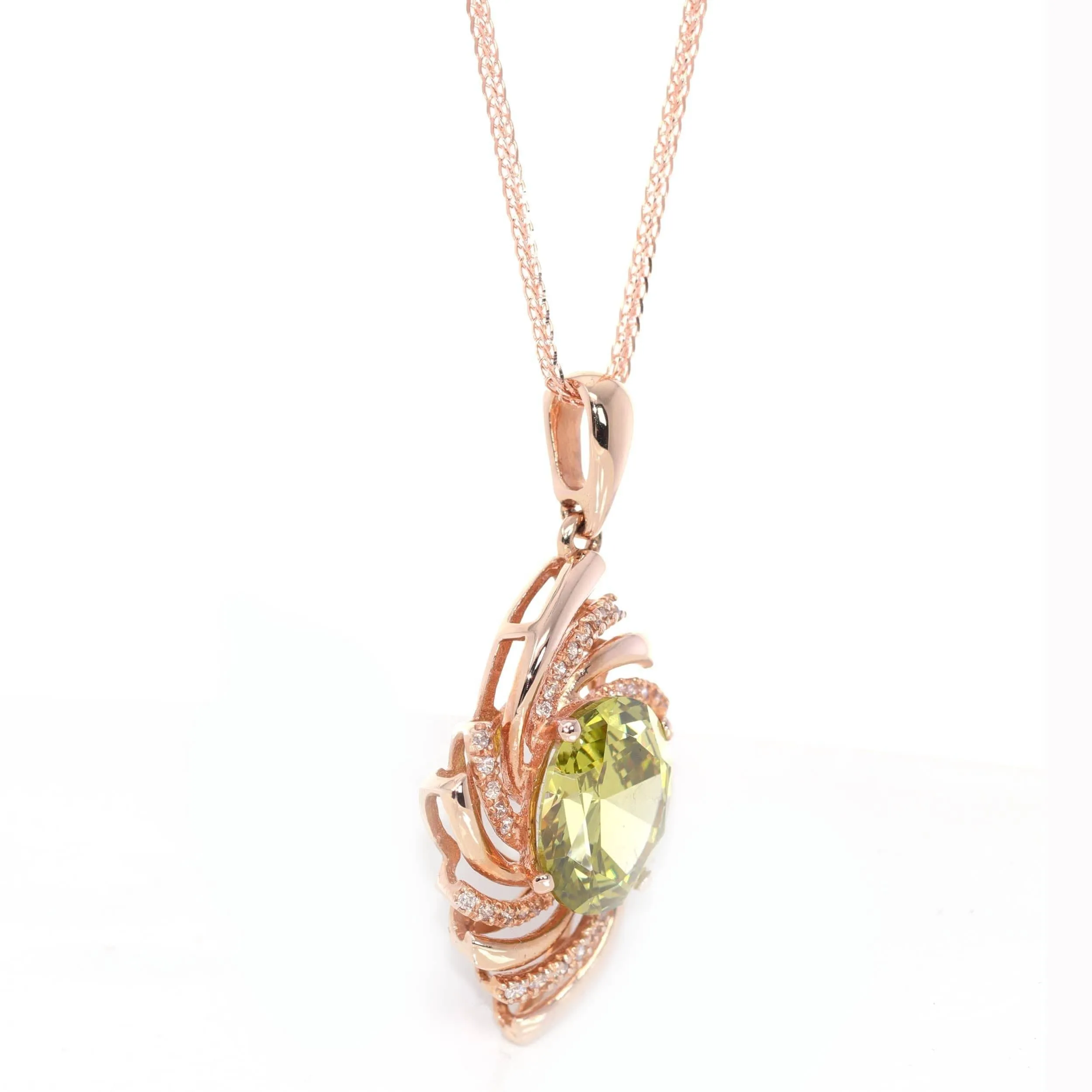 18k Rose Gold Genuine AAA Royal Peridot Pendant Necklace With CZ