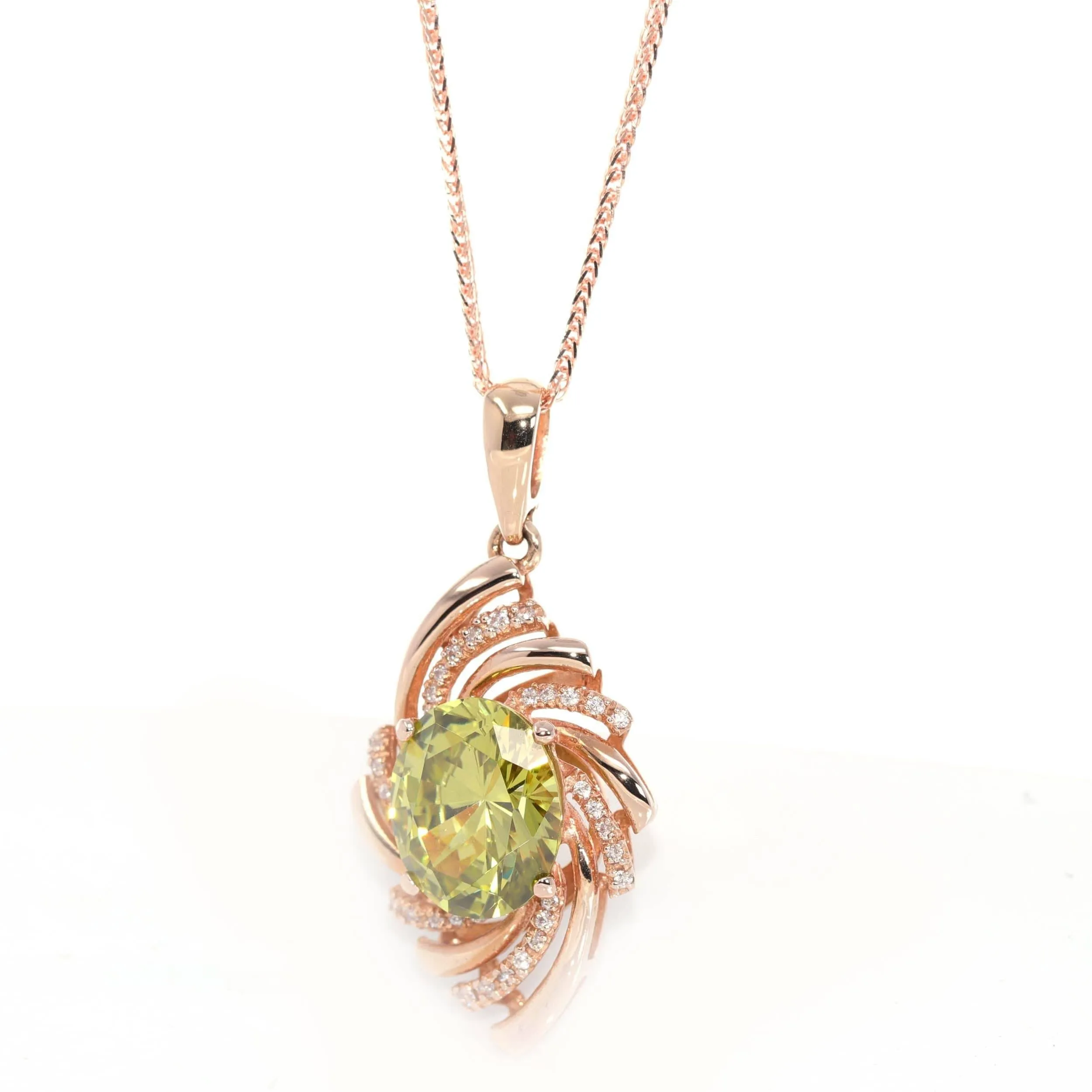 18k Rose Gold Genuine AAA Royal Peridot Pendant Necklace With CZ