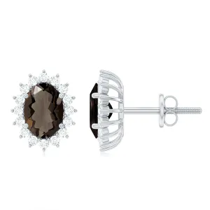 2.25 CT Oval Cut Smoky Quartz and Diamond Halo Stud Earrings