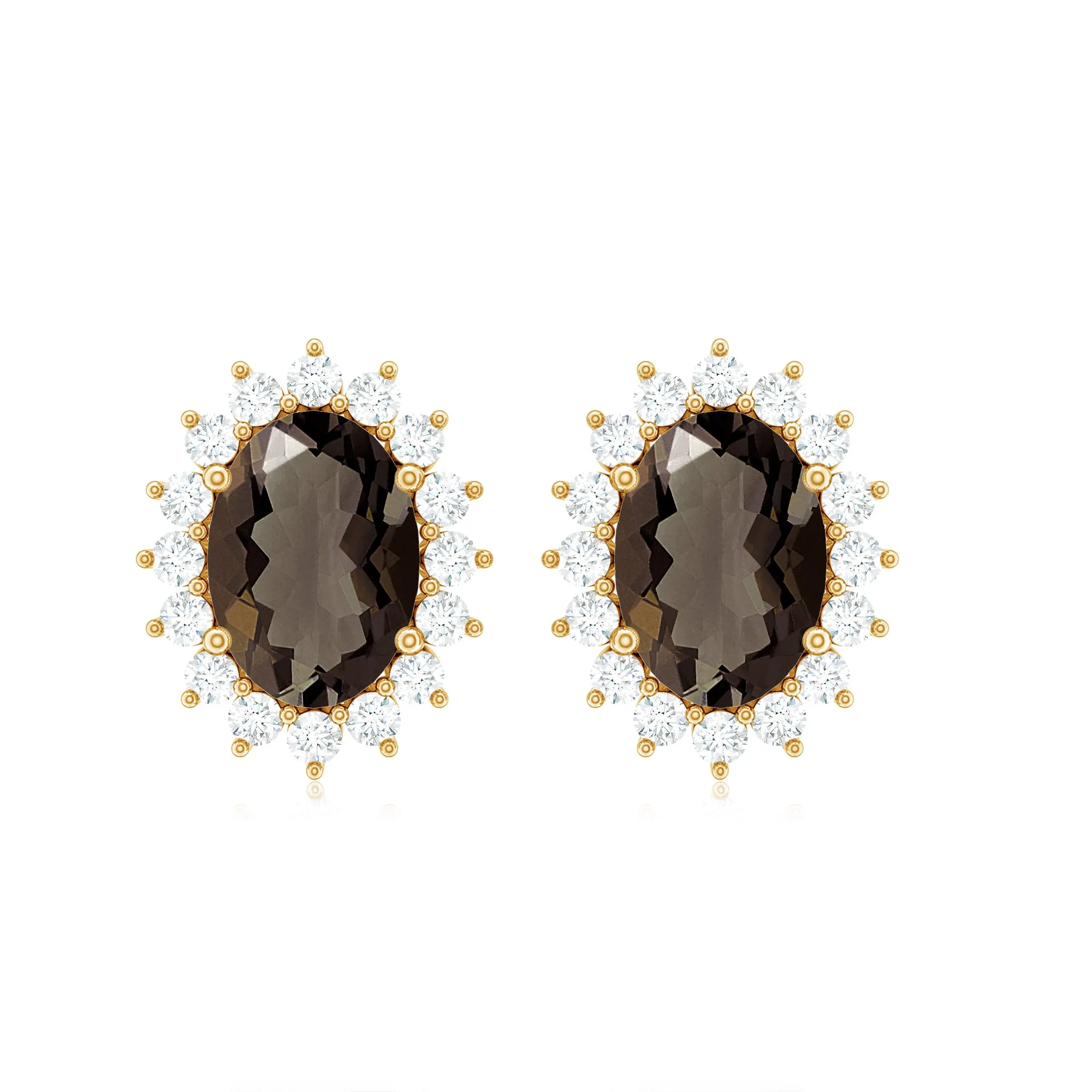 2.25 CT Oval Cut Smoky Quartz and Diamond Halo Stud Earrings