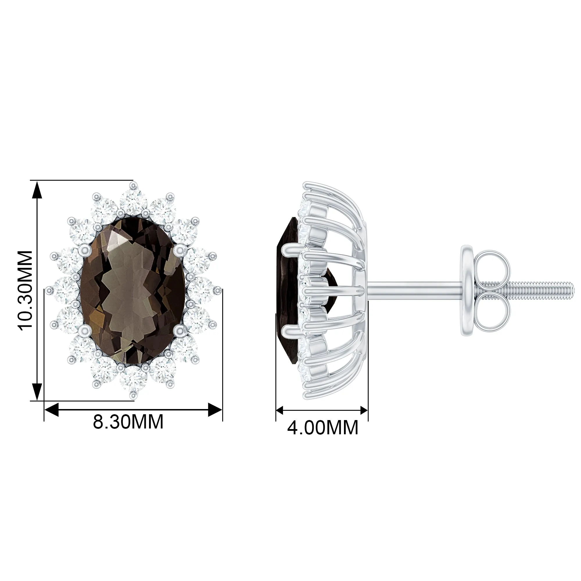 2.25 CT Oval Cut Smoky Quartz and Diamond Halo Stud Earrings