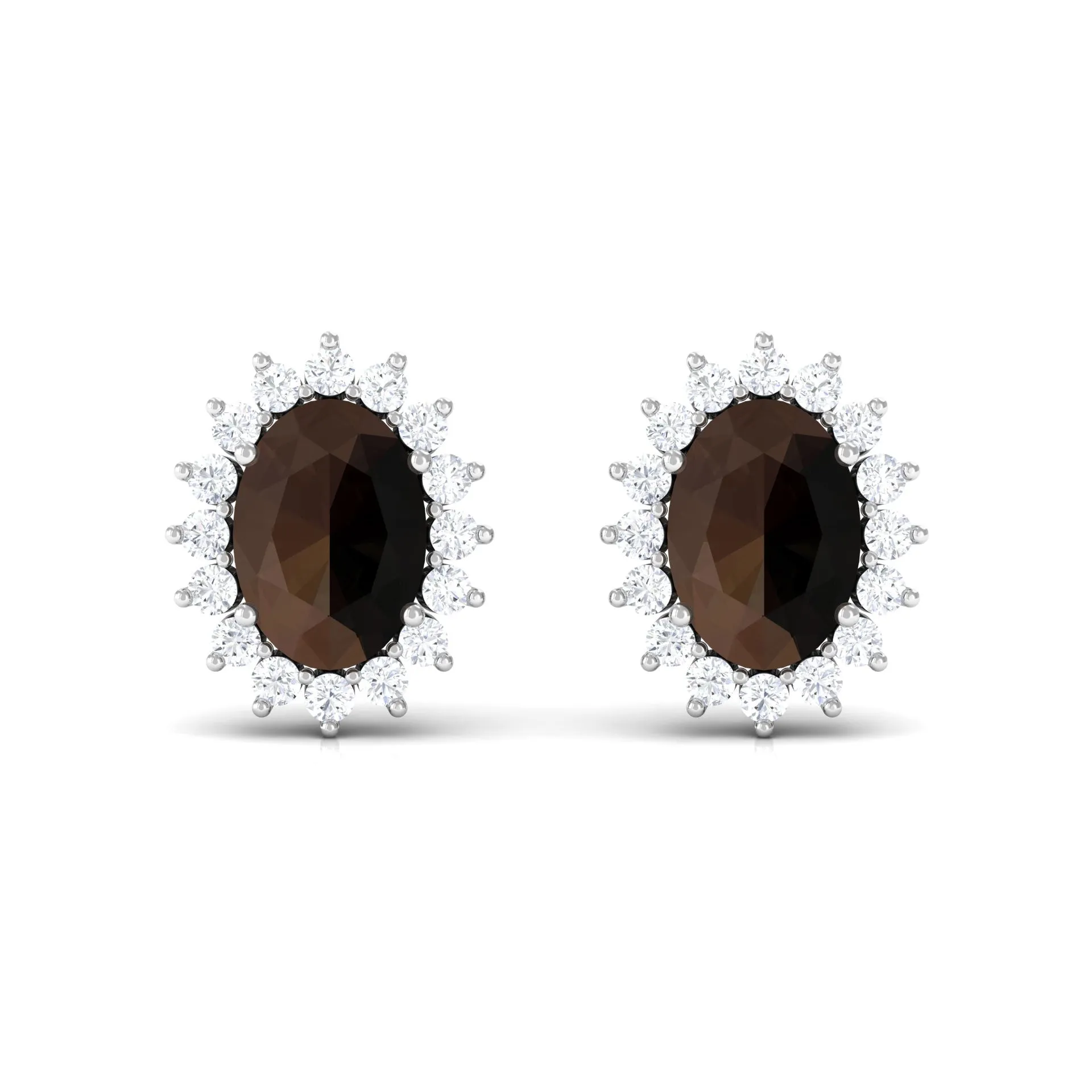 2.25 CT Oval Cut Smoky Quartz and Diamond Halo Stud Earrings
