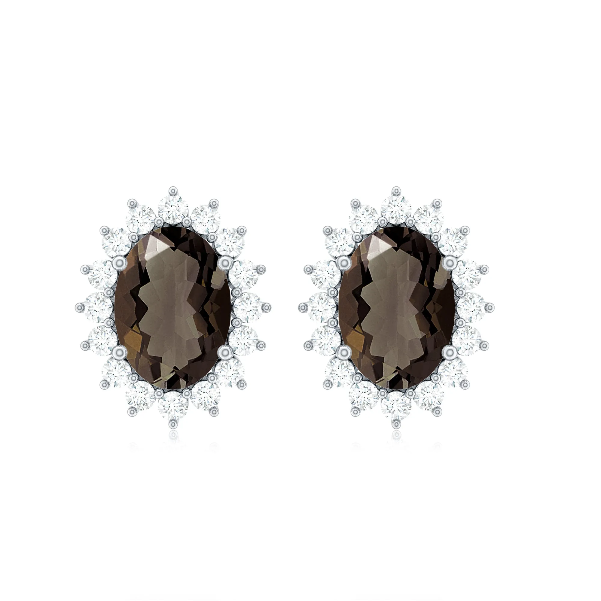2.25 CT Oval Cut Smoky Quartz and Diamond Halo Stud Earrings