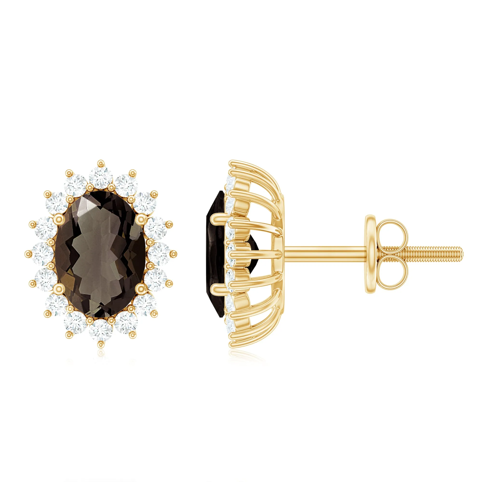 2.25 CT Oval Cut Smoky Quartz and Diamond Halo Stud Earrings