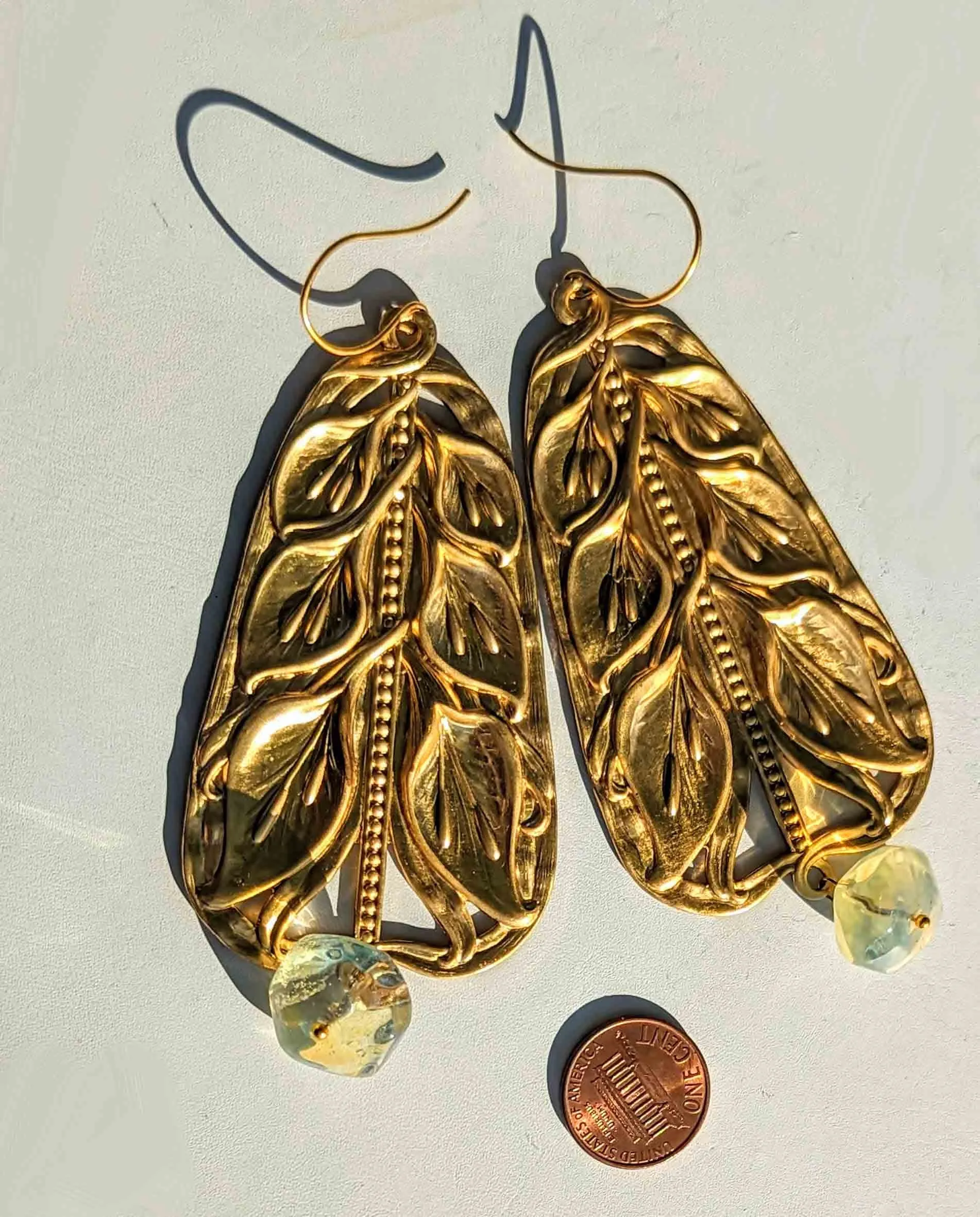 24K Gold plated Art Nouveau Style Brass Pressings Pineapple Quartz Amazing XL Earrings Sugar Gay Isber