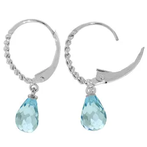 3 Carat 14K Solid White Gold Leverback Earrings Briolette Blue Topaz