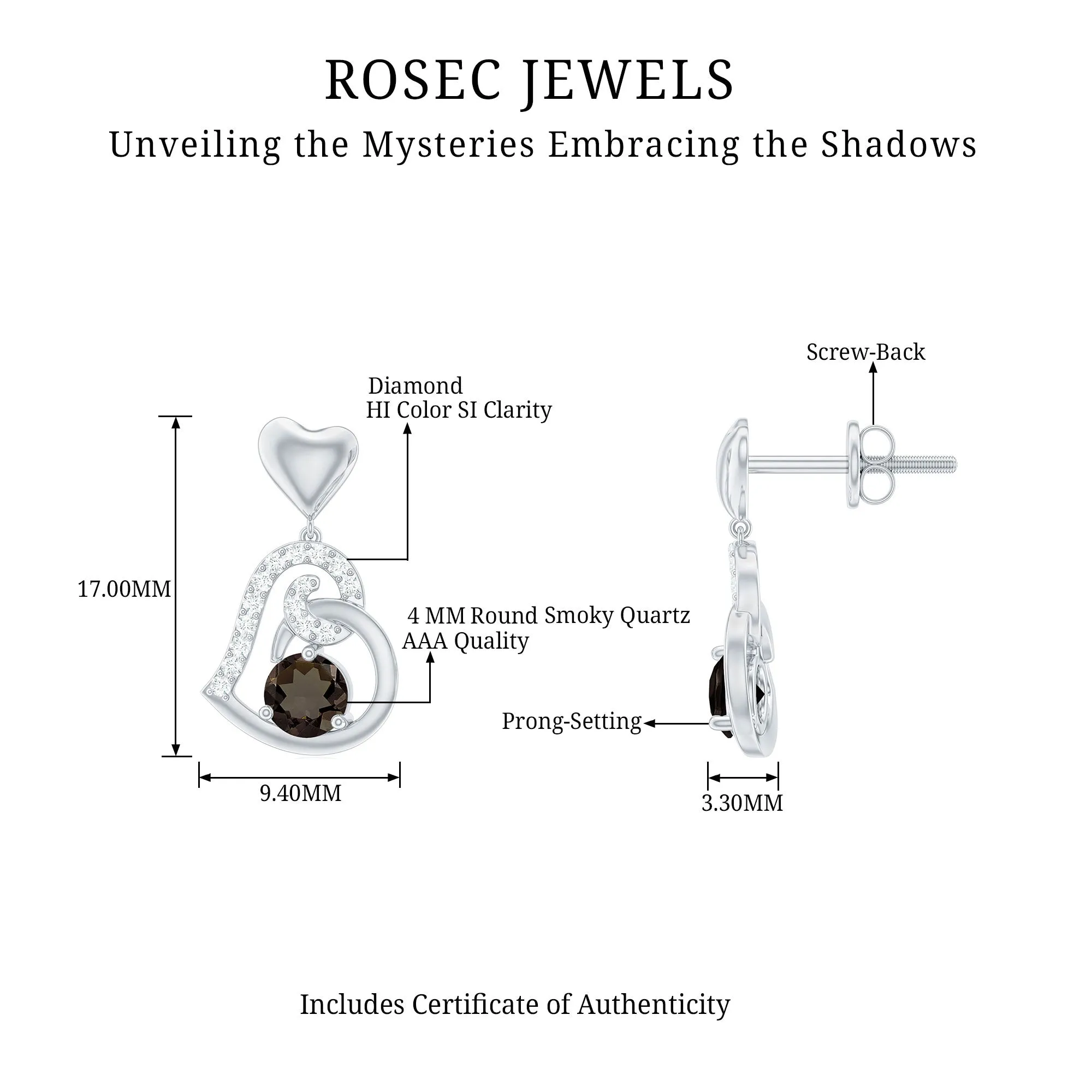 3/4 CT Smoky Quartz Heart Drop Earrings with Diamond