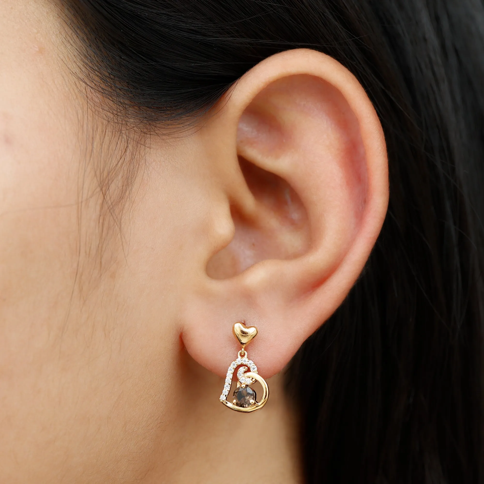 3/4 CT Smoky Quartz Heart Drop Earrings with Diamond
