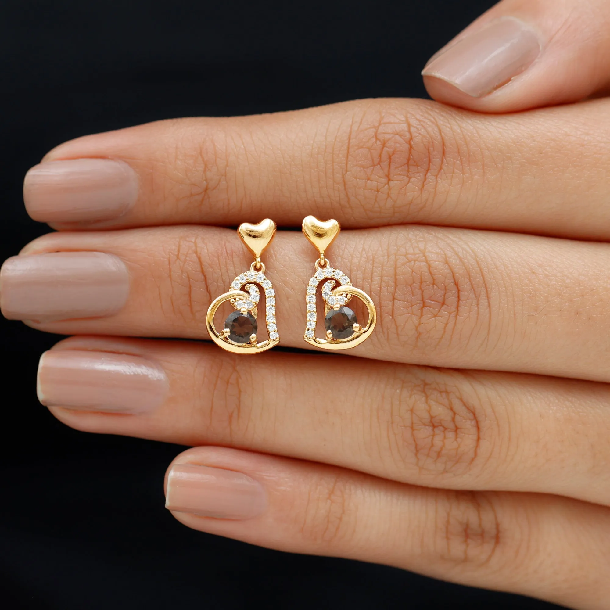 3/4 CT Smoky Quartz Heart Drop Earrings with Diamond