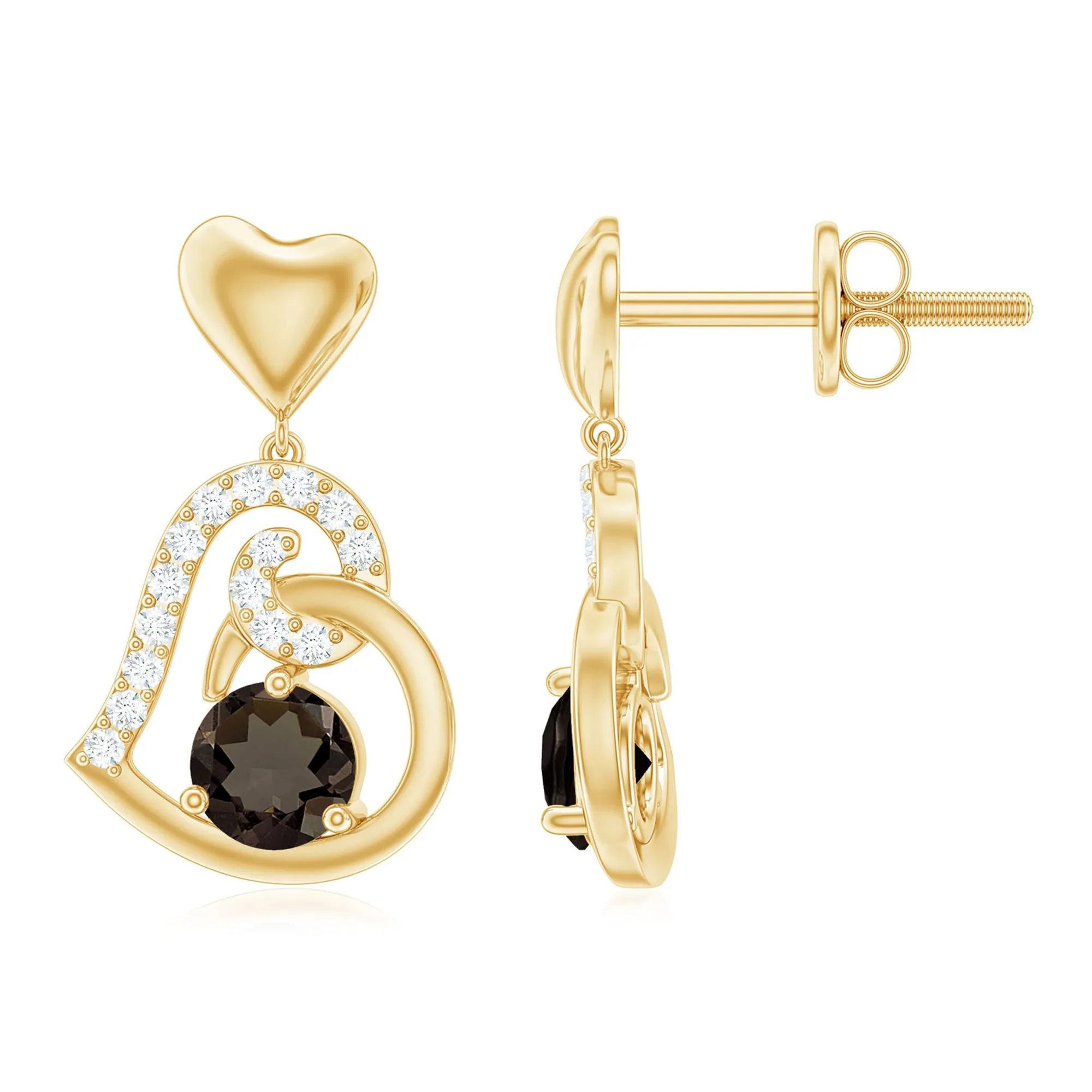 3/4 CT Smoky Quartz Heart Drop Earrings with Diamond