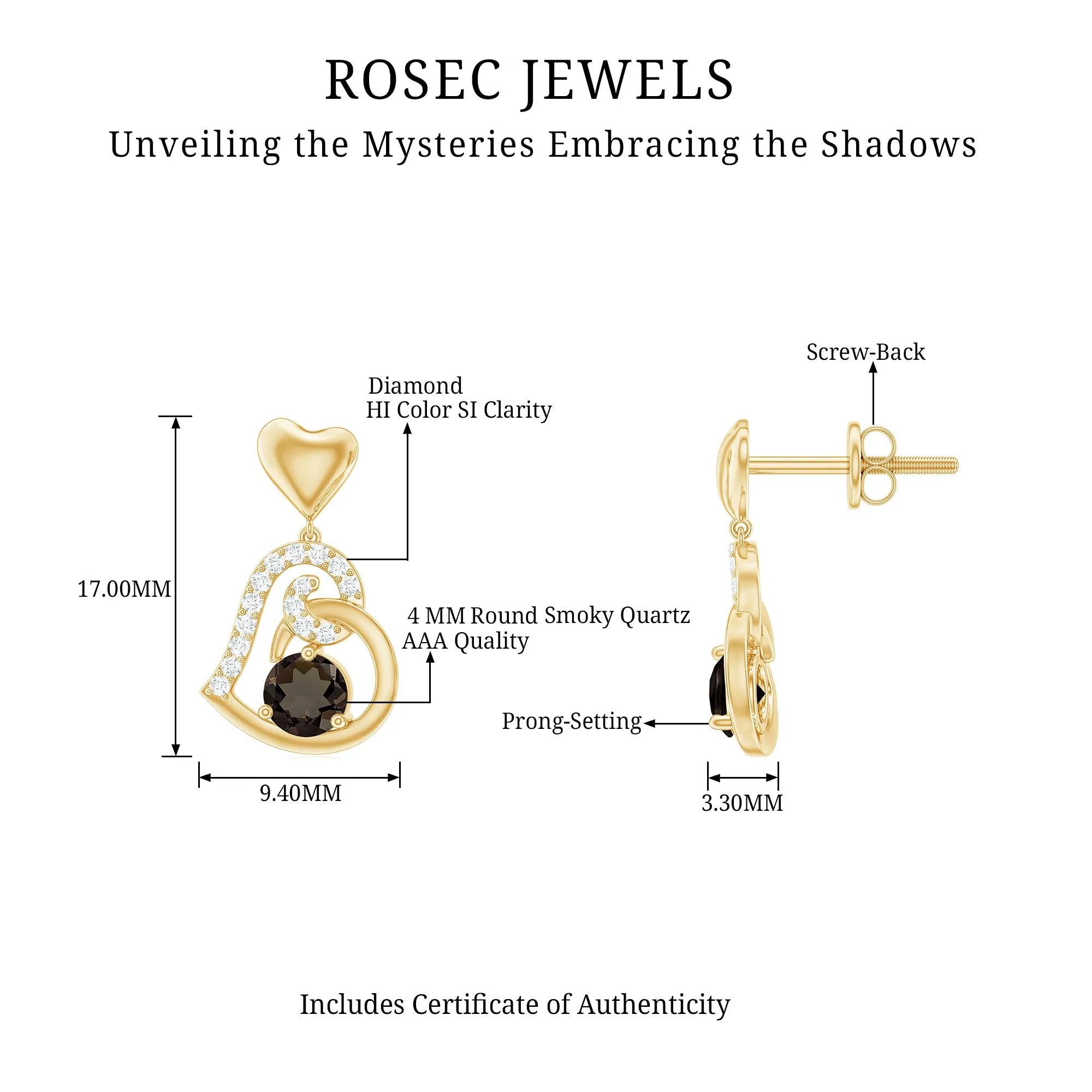3/4 CT Smoky Quartz Heart Drop Earrings with Diamond