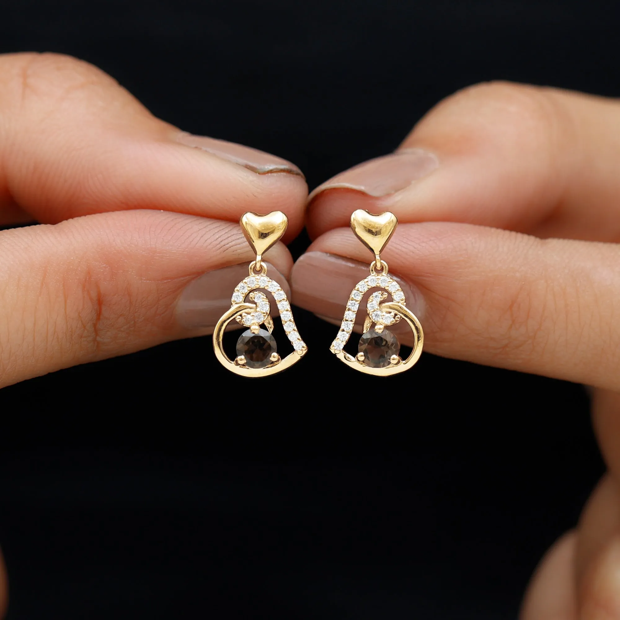 3/4 CT Smoky Quartz Heart Drop Earrings with Diamond