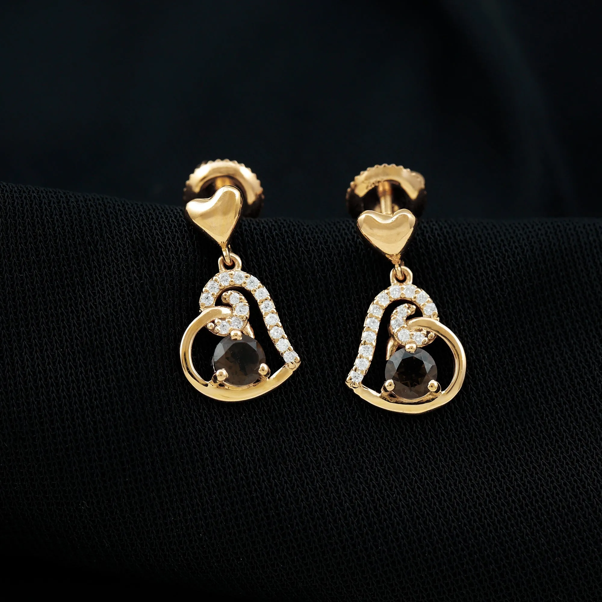 3/4 CT Smoky Quartz Heart Drop Earrings with Diamond