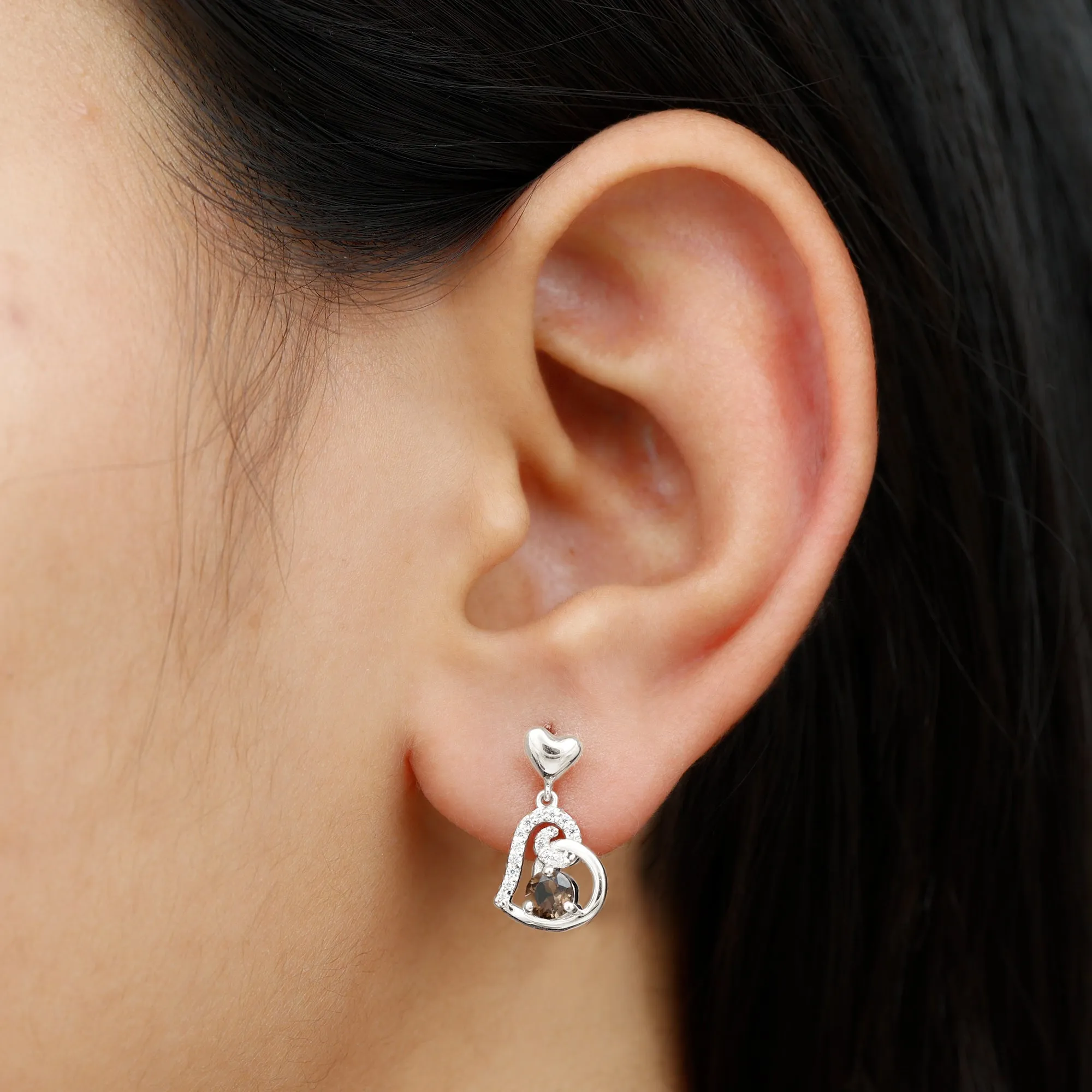 3/4 CT Smoky Quartz Heart Drop Earrings with Diamond