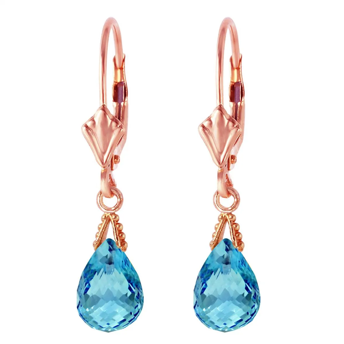4.5 Carat 14K Solid Rose Gold Leverback Earrings Briolette Blue Topaz