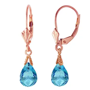 4.5 Carat 14K Solid Rose Gold Leverback Earrings Briolette Blue Topaz