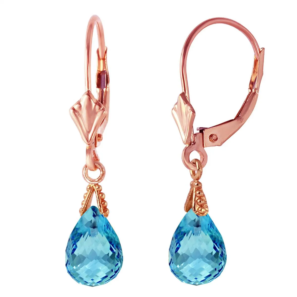 4.5 Carat 14K Solid Rose Gold Leverback Earrings Briolette Blue Topaz