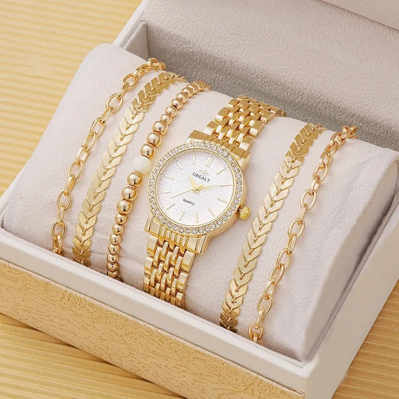 5pcs Women&#39;s Watch Stainless Steel Luxury Diamond Quartz WristWatch with Fashion Woman Bracelet