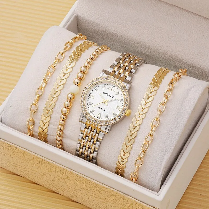 5pcs Women&#39;s Watch Stainless Steel Luxury Diamond Quartz WristWatch with Fashion Woman Bracelet