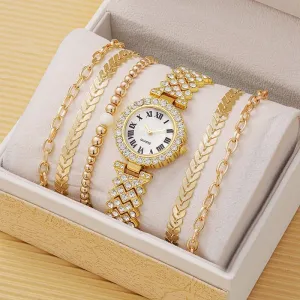 5pcs Women&#39;s Watch Stainless Steel Luxury Diamond Quartz WristWatch with Fashion Woman Bracelet