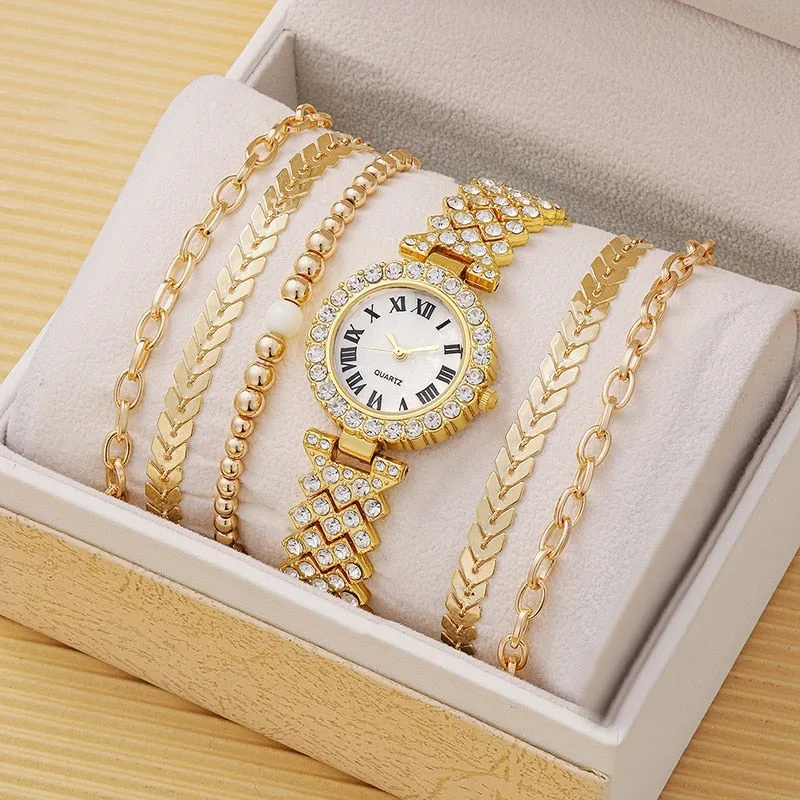 5pcs Women&#39;s Watch Stainless Steel Luxury Diamond Quartz WristWatch with Fashion Woman Bracelet