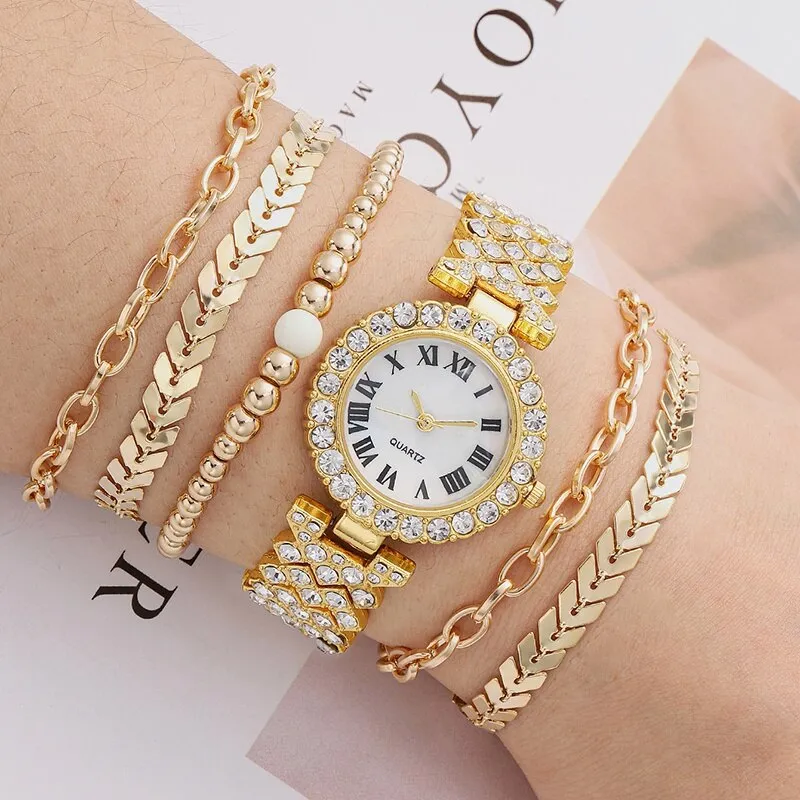 5pcs Women&#39;s Watch Stainless Steel Luxury Diamond Quartz WristWatch with Fashion Woman Bracelet