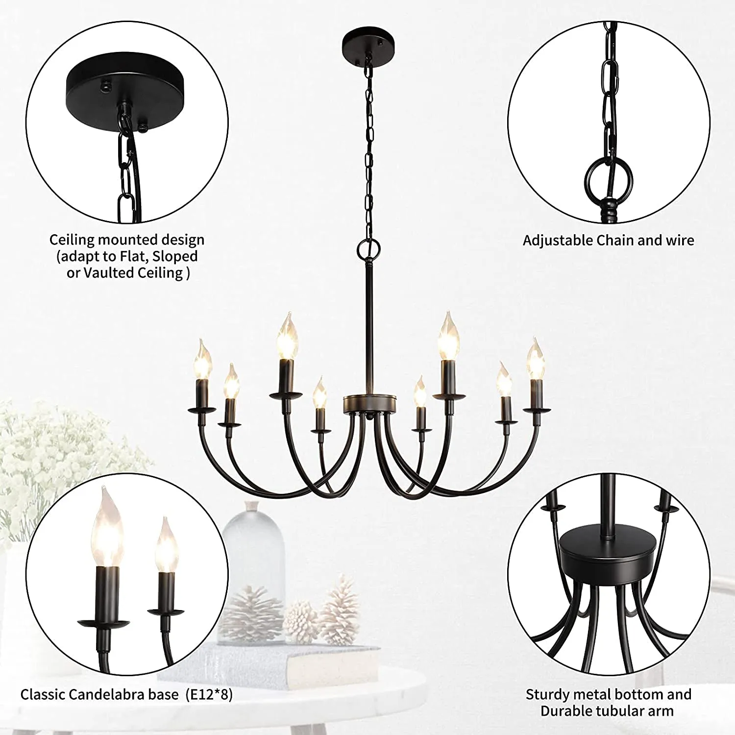 8-Light Candle Style Chandelier Black| Empire Chandelier| Farmhouse Lighting Fixture Bedroom/Dining/Living Room