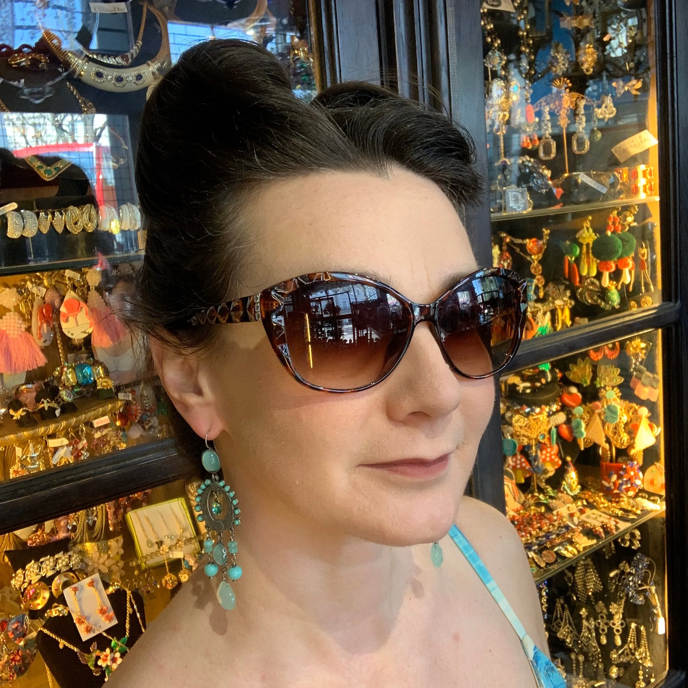 Askew London Blue Green Glass Chandelier Earrings Silver